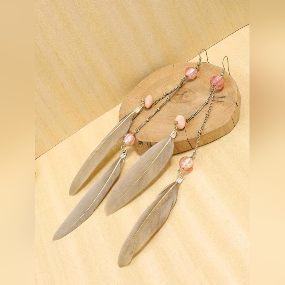 Bohemia Dangle Drop Feather Earrings NWOT Pink and Silver Stainless Steel New - Picture 3 of 4